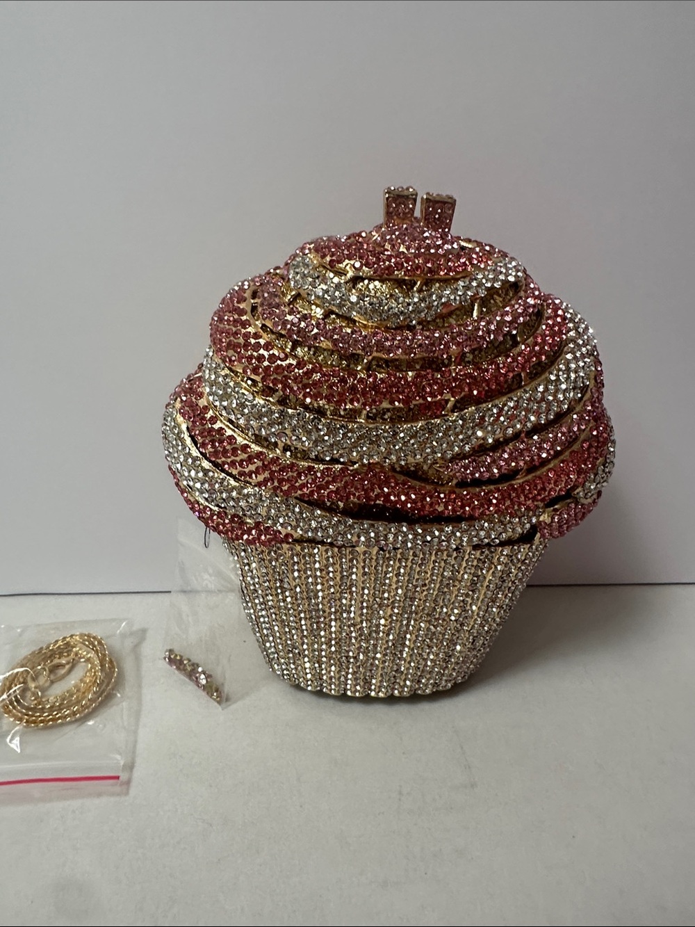 Crystal-Embellished Pink Cupcake Evening Clutch with Strap & Extra Rhinestones